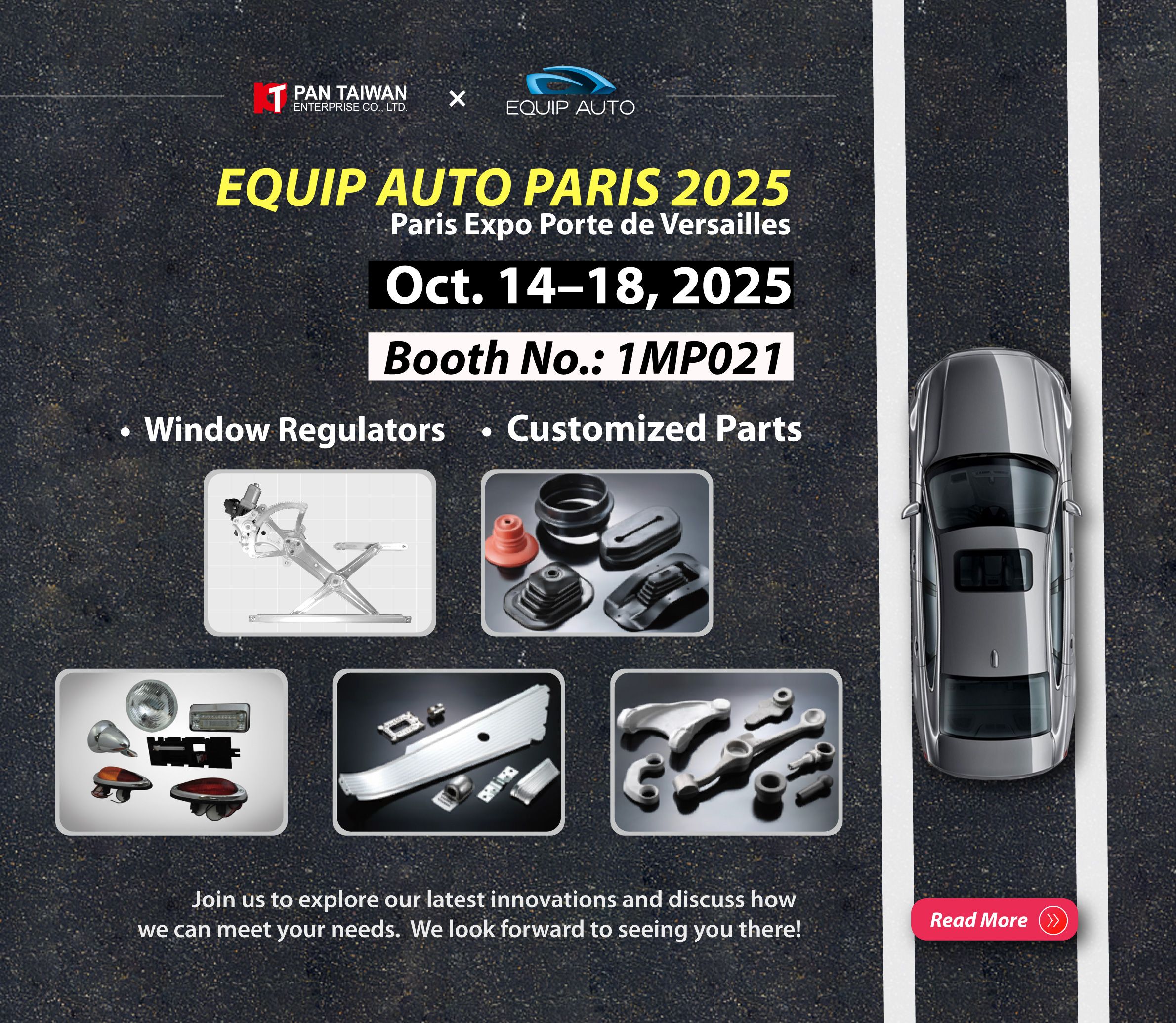 Pan Taiwan, 2025'te EQUIP AUTO'ya katılıyor ve tüm müşterilerimize pencere düzenleyicimizi, klasik otomobil parçalarını ve özelleştirilmiş hizmeti gösteriyor.